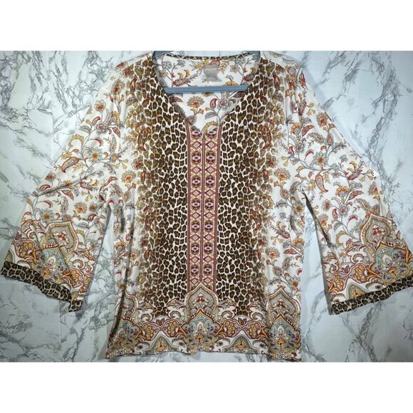Chicos Leopard & Floral Print 3/4 Sleeve Top Size 2 Polyester Spandex Blend Boho - Picture 2 of 8